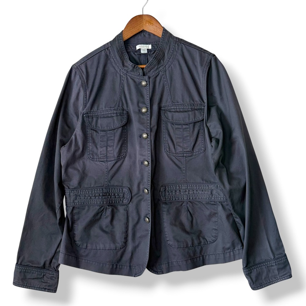 Garnet Hill Utility Jacket 18 Charcoal Gray 100% Cotton Military Stand Collar